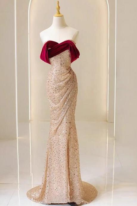 Off Shoulder Evening Dress ,sexy Prom Dress, Light Luxury Socialite Dress, Sequin Bodycon Dress,custom Made