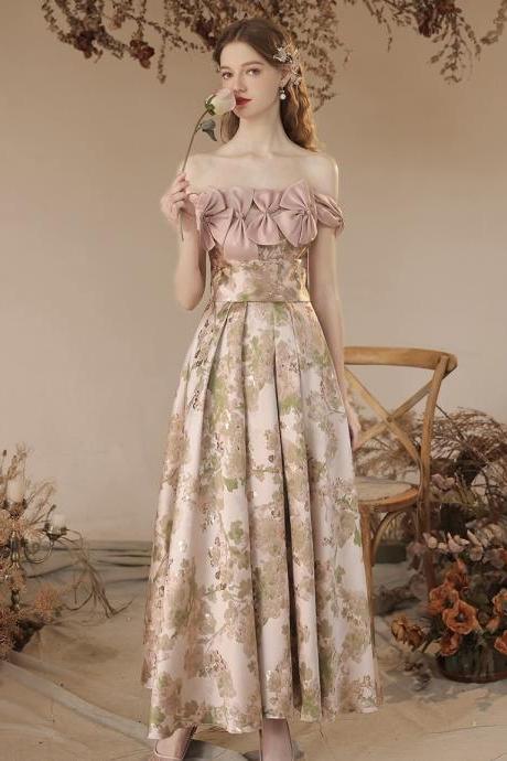 Off Shoulder Bridesmaid Dress, Pink Floral Dress , Vintage Glamour Prom Dress Cute Party Dress,custom Made