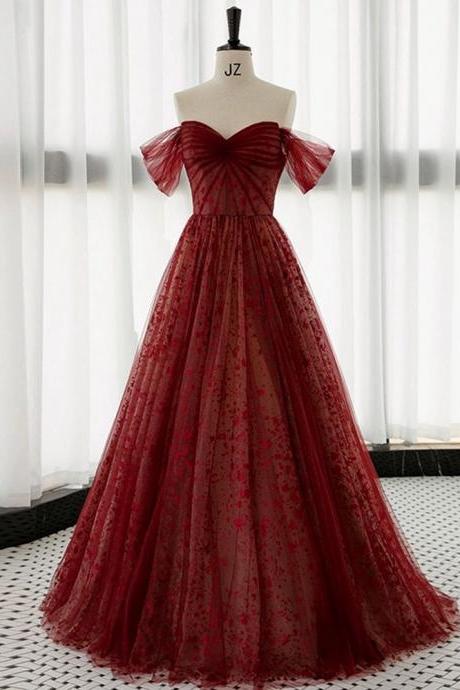 Red Dress, Off-the-shoulder Prom Gown, Tulle Evening Gown With Floral,custom Made