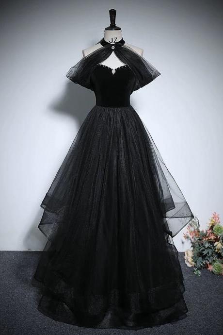 Black Party Dress,tulle Evening Gown,halter Neck Prom Dress ,custom Made