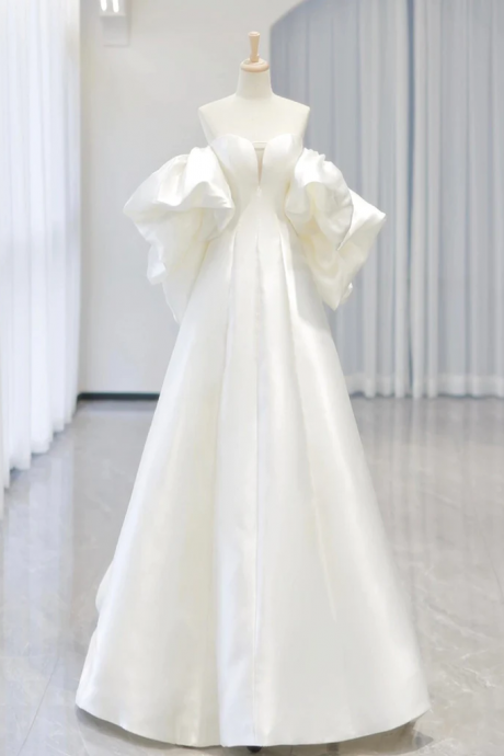 White A-Line Satin Long Prom Dress, White Satin Long Formal Dress