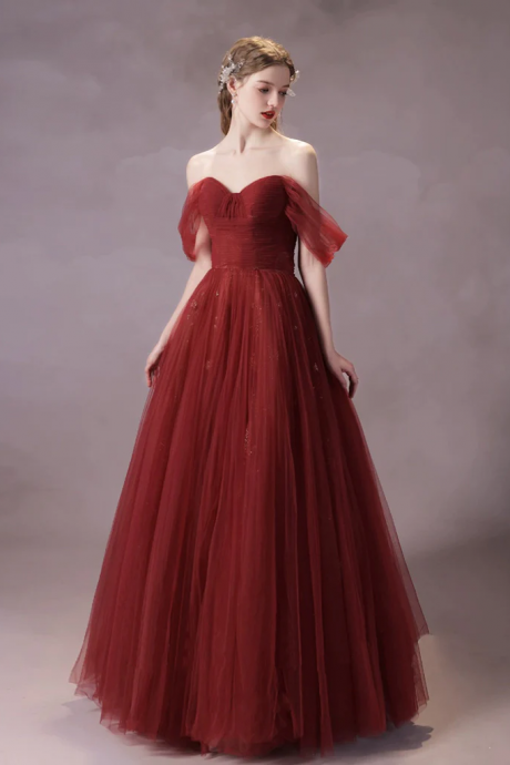 A-line Off Shoulder Tulle Burgundy Long Prom Dress, Burgundy Long Formal Dress