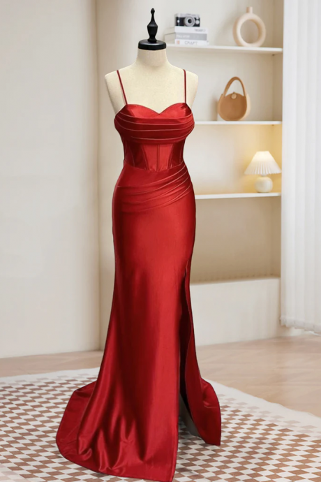 Glamorous Red Carpet-ready Silken Evening Dress With Delicate Straps