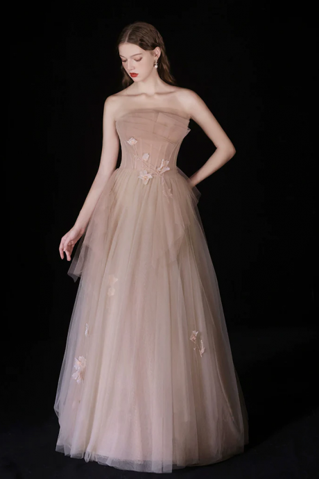 Champagne A-line Tulle Long Prom Dress, Champagne Long Formal Dress,straples Party Dress
