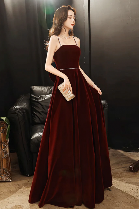 A-line Velvet Burgundy Long Prom Dress, Burgundy Long Evening Dress