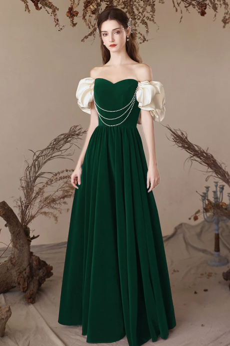 A-line Sweetheart Neck Velvet Green Long Prom Dress, Green Long Formal Dress