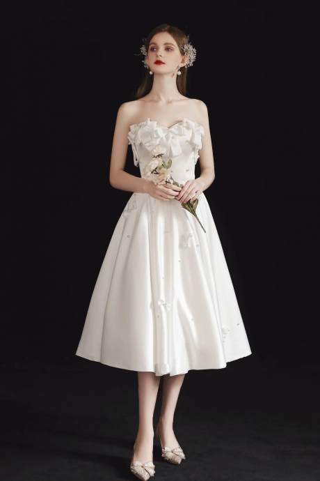 A-line Sweetheart Neck Satin White Short Prom Dress, White Homecoming Dress
