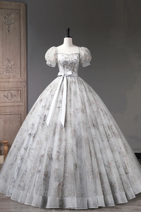 Enchanted Silver Gossamer Gown With Embellished Floral Detail