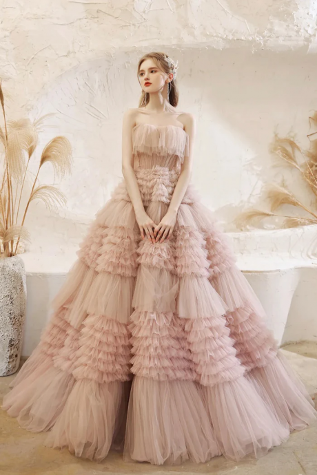 Enchanted Blush Tulle Layered Ball Gown With Textured Bodice