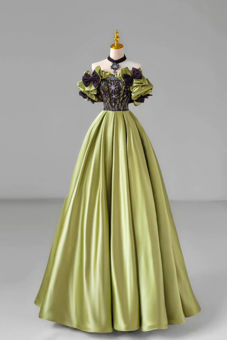 Opulent Olive Green Satin Ball Gown With Embroidered Bodice