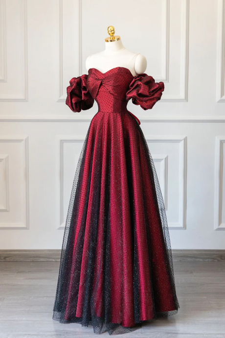 Enchanting Burgundy Tulle Ball Gown With Sparkling Overlay