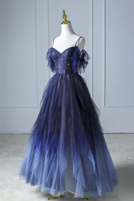 Blue Gradient Tulle Long Prom Dress, Beautiful Spaghetti Strap Evening Dress