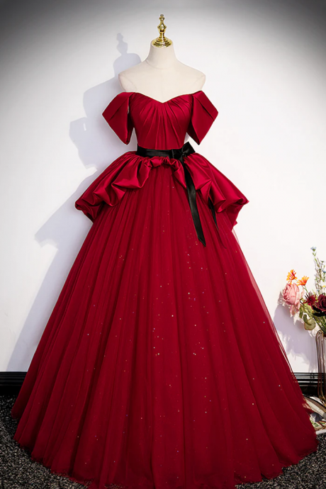 Burgundy Elegance Off Shoulder Prom Dress