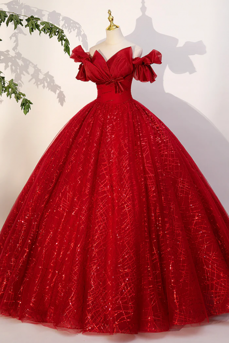 Radiant Red Sequined Ball Gown With Puffed Sleeves
