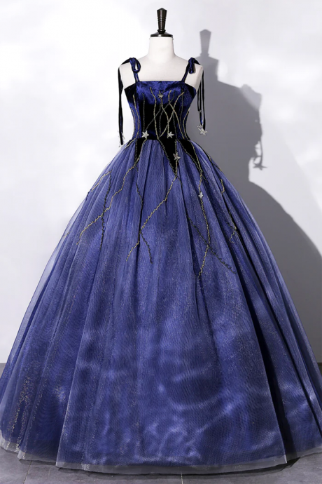 Enchanted Midnight Blue Velvet Gown With Golden Accents