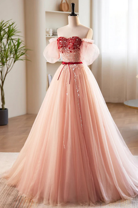 Enchanted Evening Peach Tulle Gown With Red Sequin Bodice