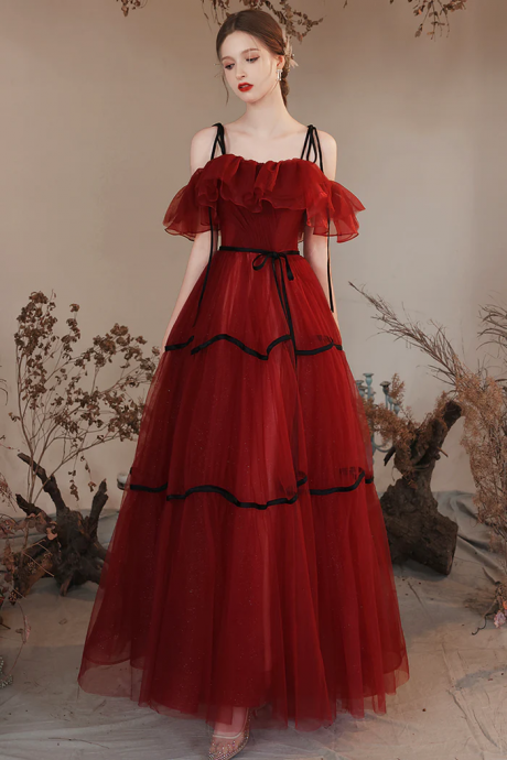 Velvet Trimmed Red Tulle Dress