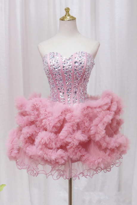 Pink Tulle Short Homecoming Dress With Rhinestones, Cute Party Dress