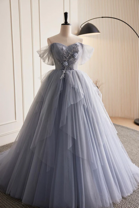 Gray Tulle Long Prom Dress, Off Shoulder Evening Dress Party Dress