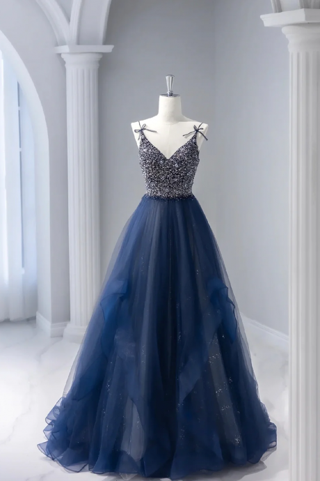 Blue Tulle Beaded Long Prom Dress, A-line Spaghetti Strap Formal Evening Dress