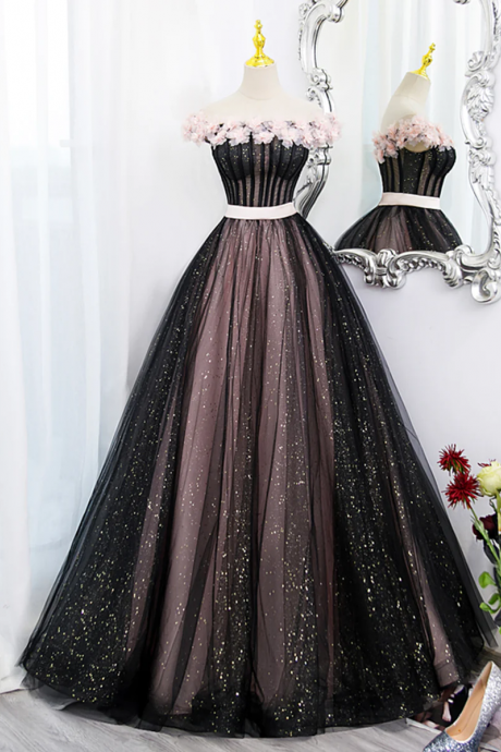Black Tulle And Pink Flowers Party Dress, Black Off Shoulder Sweet 16 Dress