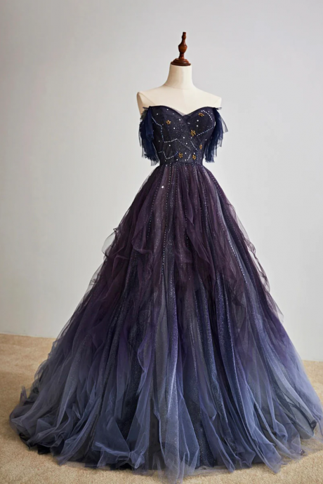 Purple Gradient Tulle Long Prom Dress, Beautiful A-line Evening Party Dress