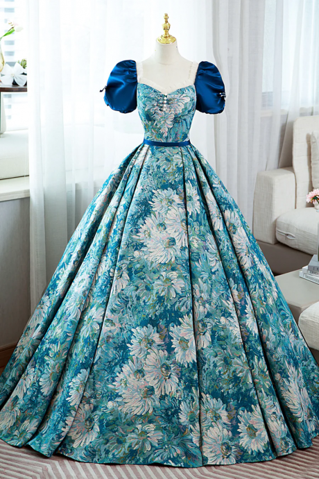 Elegant Floral Ball Gown With Puffed Sleeves