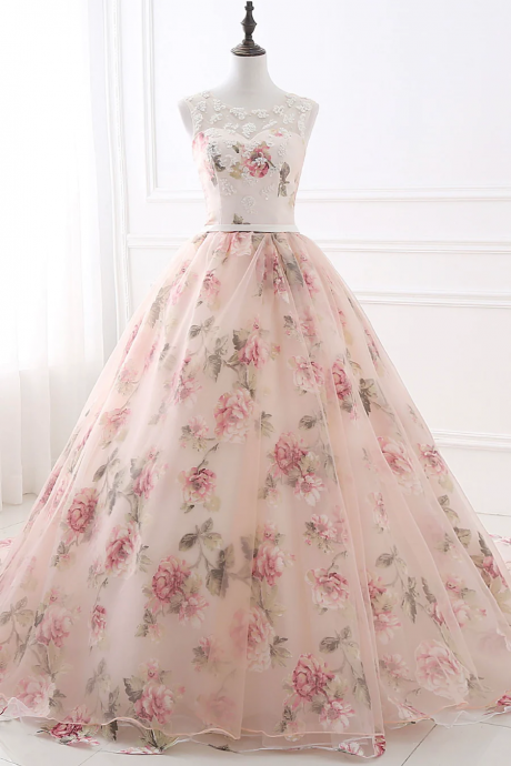 Pink Floral Pattern Lace Long Prom Dress, A-line Formal Dress