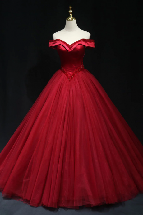 Burgundy Off Shoulder Beads Long Prom Dress Burgundy Formal Dress,red Quinceanera Dress