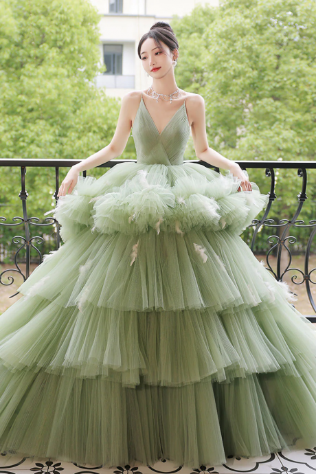Green V Neck Tulle Long Prom Dress, Green Tulle Formal Evening Dress