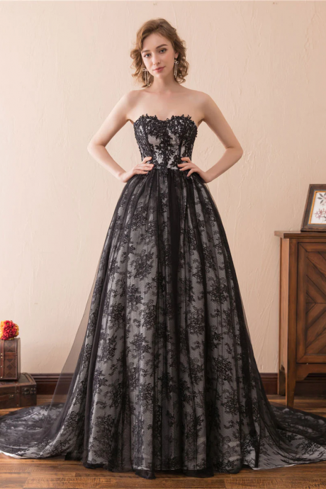 Black A Line Tulle Lace Long Prom Dress, Black Lace Evening Dress