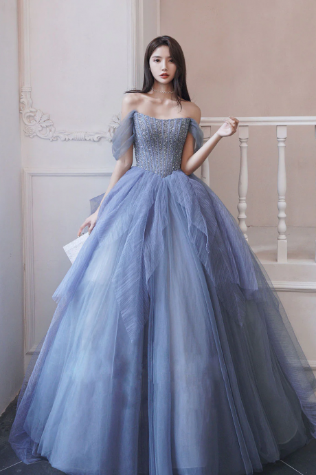 Ethereal Blue Off-shoulder Tulle Gown With Beaded Bodice