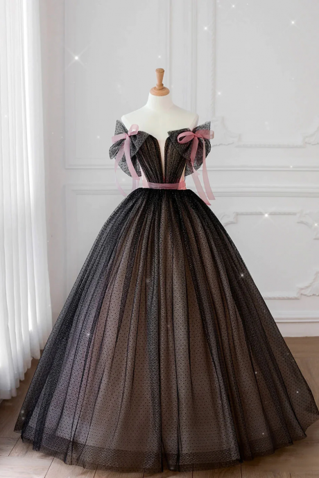 Black Tulle Long Prom Dress, Black Tulle Formal Dress,off Shoulder Quinceanera Dress