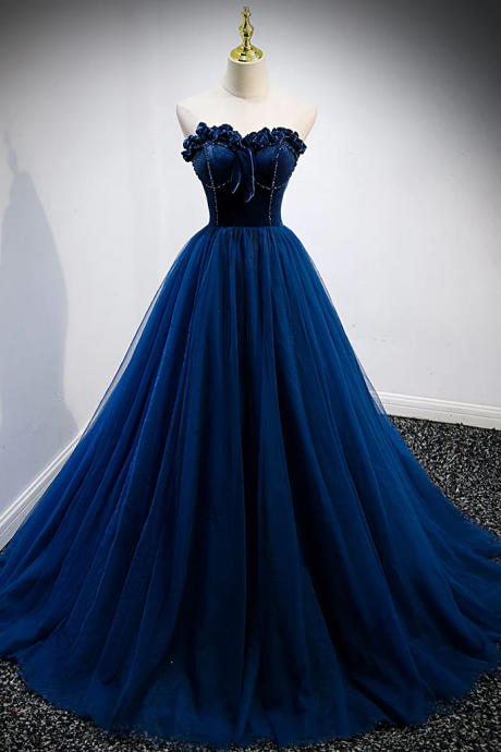 Blue Sweetheart Neck Tulle Long Prom Dress, Blue Formal Dress