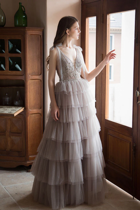 Unique V Neck Tulle Beads Long Prom Dress, Tulle Evening Dress