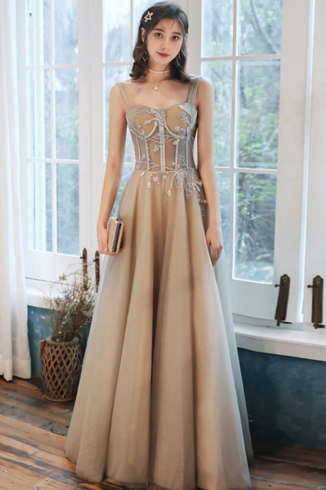 Champagne Sweetheart Tulle Long Prom Dress Tulle Bridesmaid Dress