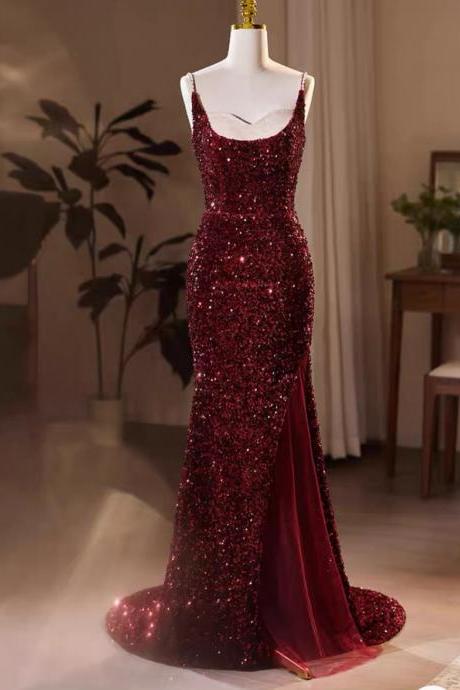Wine Red Sequins Mermaid Long Formal Dress, Wine Red Evening Dress Party Dress