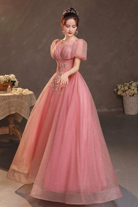 Pink Short Sleeves Beaded Tulle Long Formal Dress, Pink Tulle Prom Dress Evening Dress