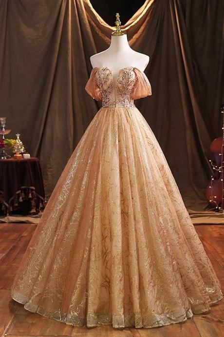 Gold Tulle With Beaded Long Sweet 16 Dress, Ball Gown Formal Dress Party Dress