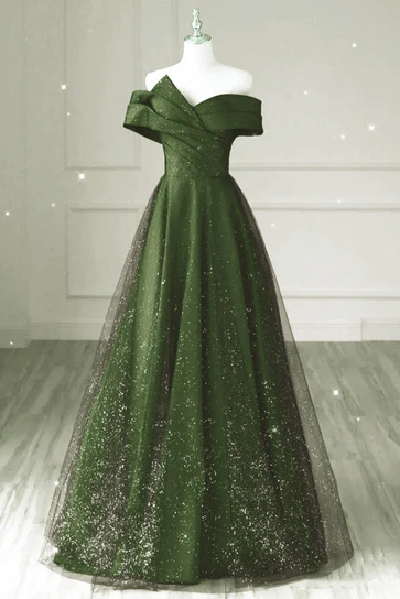 Dark Green And Black A-line Satin Long Party Dress, Simple Long Prom Dress