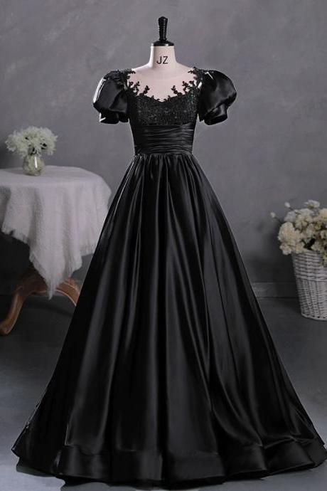Black Satin A-line Floor Length Long Party Dress With Lace, Black Long Formal Dress