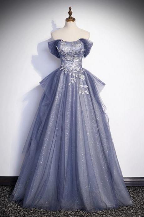 Blue-grey Long A-line Off Shoulder Party Dress, A-line Prom Dress Evening Dress
