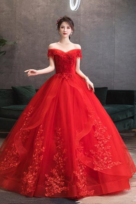 Red Off Shoulder Ball Gown Tulle With Lace Applique Party Dress, Red Sweet 16 Dress