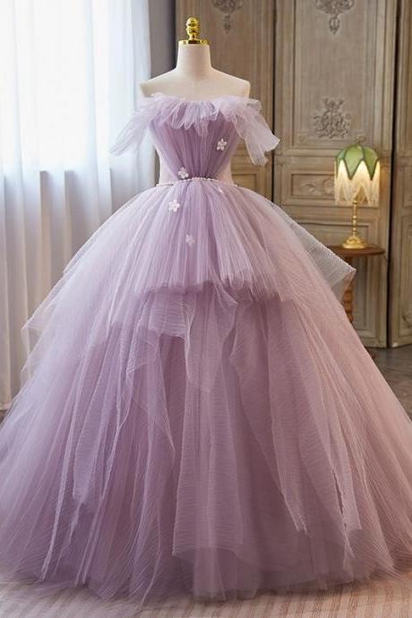 Light Purple Tulle Ball Gown Long Sweet 16 Dress, Off Shoulder Light Purple Formal Dress