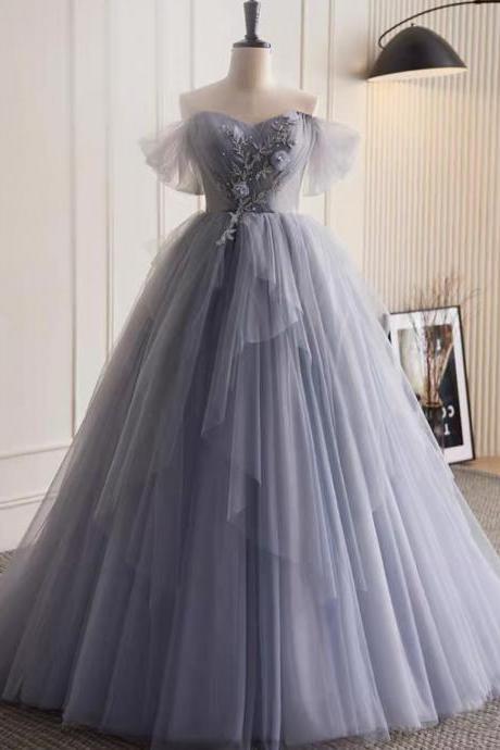 Glam Blue-grey Tulle With Lace Applique Long Party Dress, Tulle Formal Dress Evening Gown