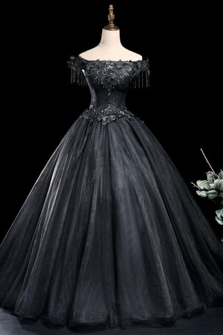 Black Tulle Off Shoulder With Lace Applique Party Dress, Black Tulle Long Sweet 16 Dress