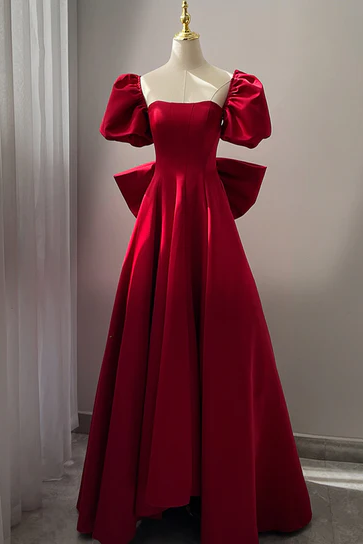 Wine Red Short Sleeves Satin A-line Party Dress, Wine Red Long Prom Dress With Bow