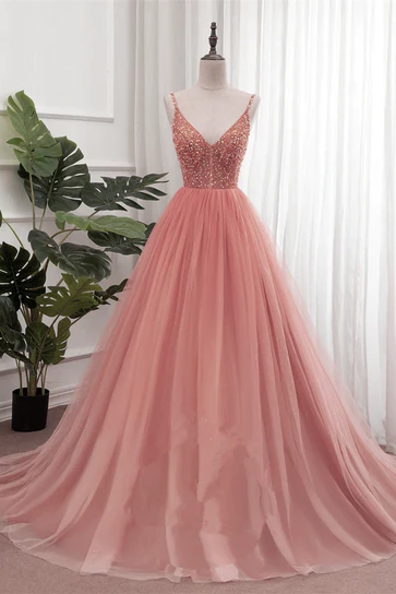 Dark Pink Sequins V-neckline Straps Long Evening Dress, Tulle Pink Prom Dress