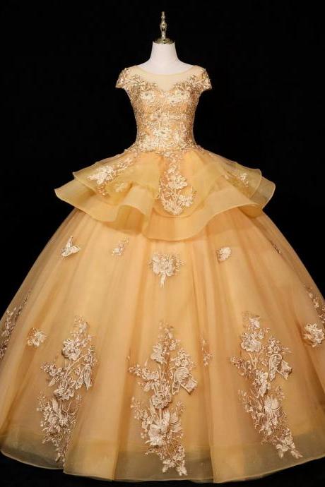Gorgeous Champagne Ball Gown Sweet 16 Gown With Lace, Flowers Lace Formal Dresses