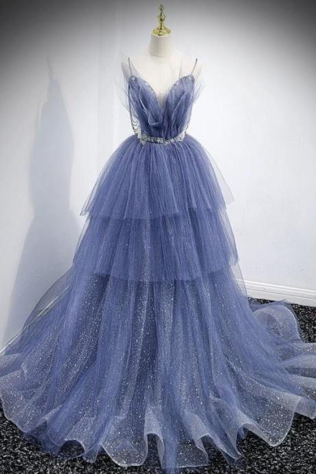 Gorgeous Blue Tulle Layers Beaded Long Wedding Party Dresses, Blue Formal Gown